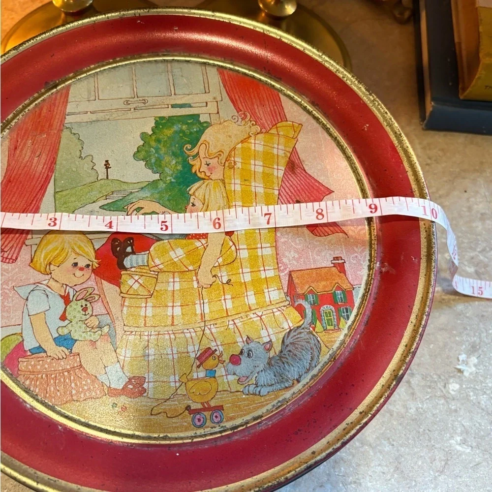 Vintage original Round Metal Tin mom with kid nursery Storage Container